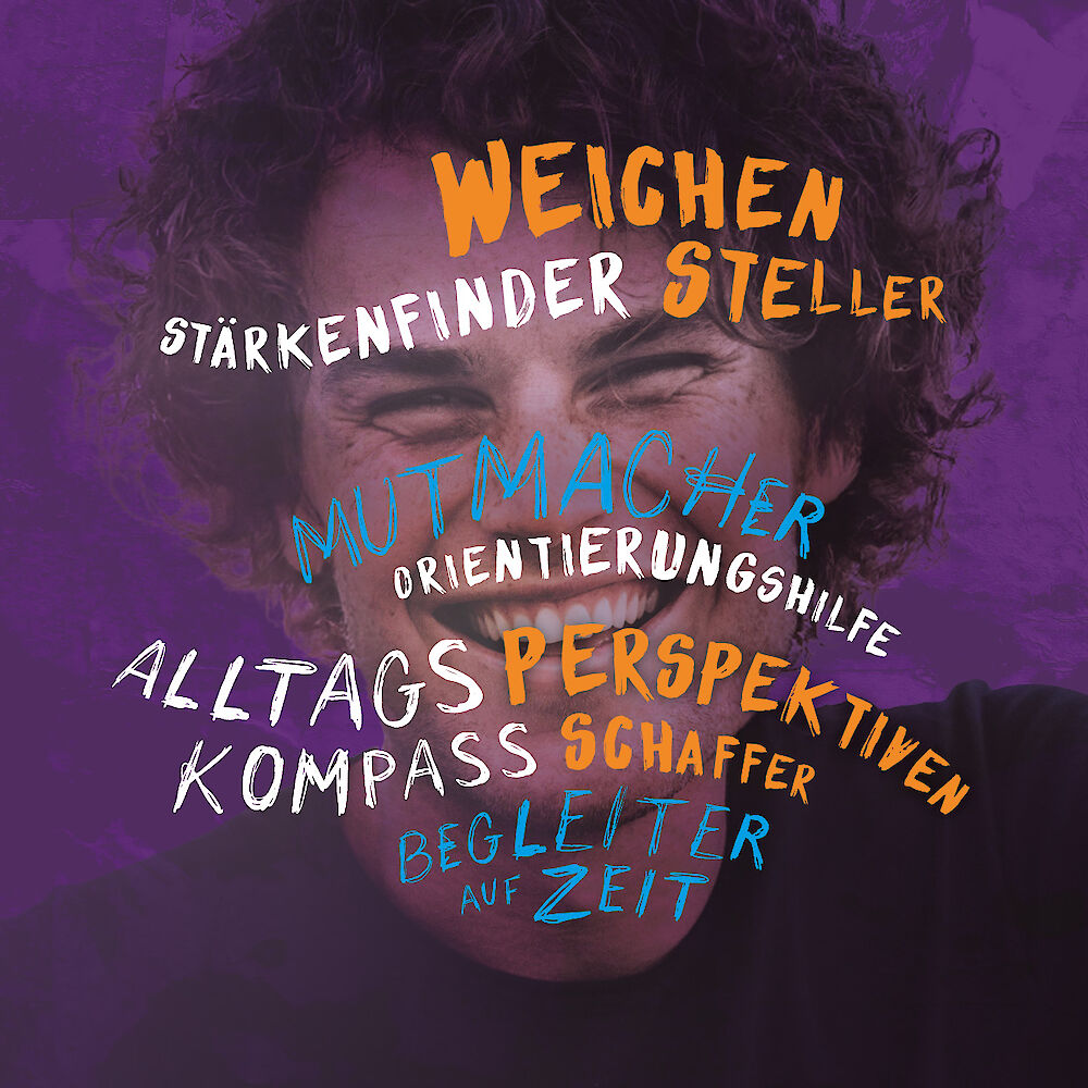 Kampagnenmotiv Stellengesuch Wohnungsnotfallhilfe - Weichensteller, Stärkenfinder, Mutmacher, Perspektivenschaffer, Begleiter auf Zeit